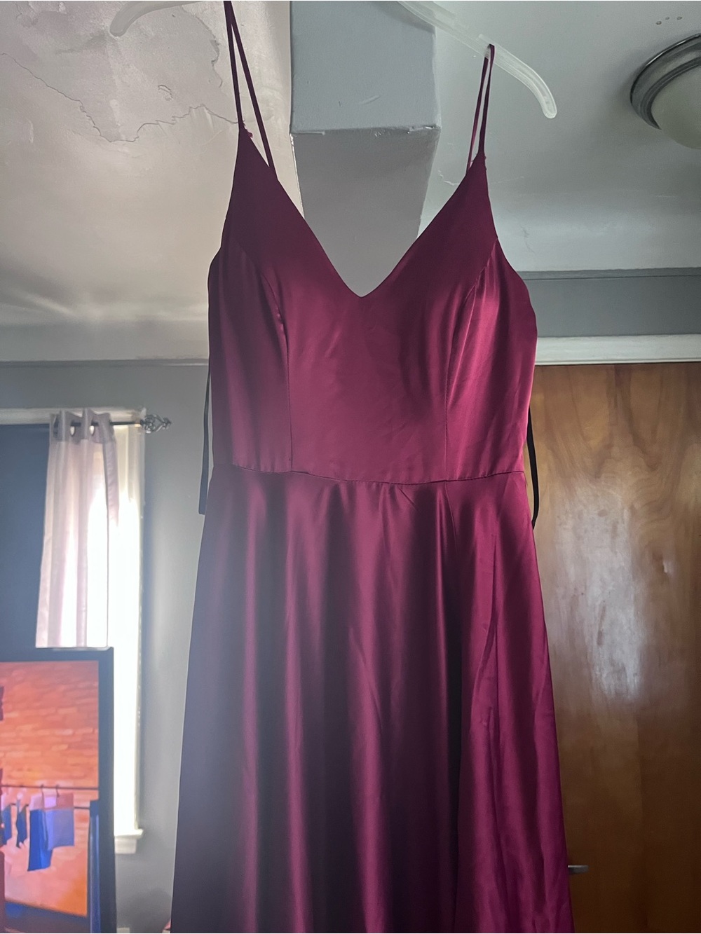 Windsor Burgundy Satin Spaghetti-Strap Midi Dress